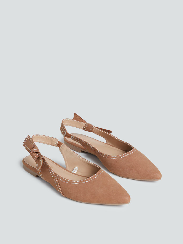 LUNA BLU Tan Bow-Detailed Slingback Flats